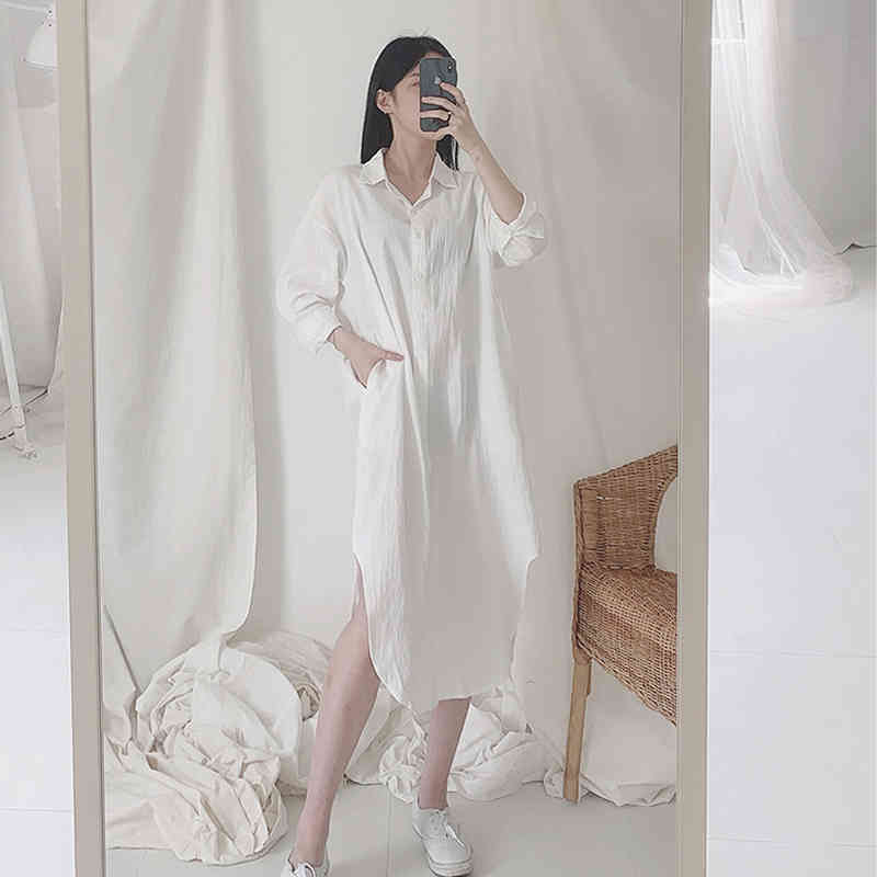 Korean Clothes Summer Wild Loose Plus Size BF Style Mid-Length Over The Knee Women's Shirt Lazy Solid Color 9654 210518
