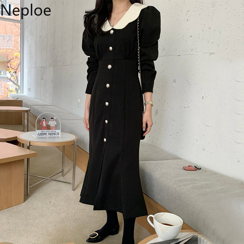 Neploe Korean Elegant Woman Dress Peter Pan Collar Single Breasted Vestidos Slim Waist Temperament Plaid Maxi Dresses Women 210422