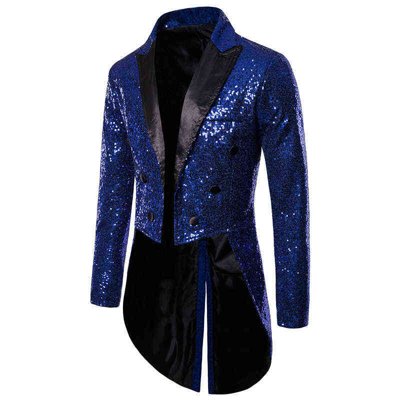 Shiny Gold Sequins Glitter Tailcoat Suit Jacket Male Double Breasted Wedding Groom Tuxedo Blazer Men Party Stage Prom Costume 211120