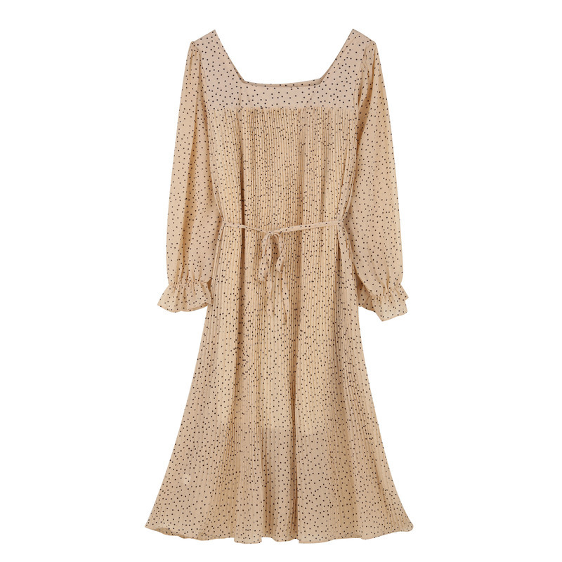 Autumn French Polka Dot Chiffon Dress Square Collar Elastic Waist High Pleated Women Vestido Feminine 11184 210427