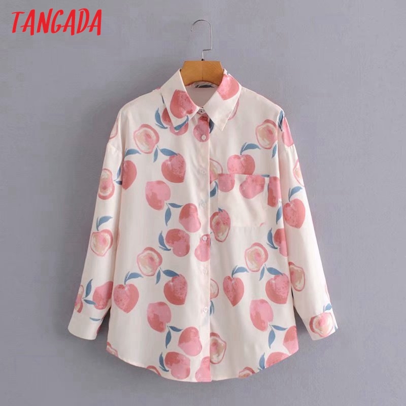 Women Retro Oversized Fruit Print Blouse Long Sleeve Chic Female Casual Loose Shirt Blusas Femininas 2G19 210416