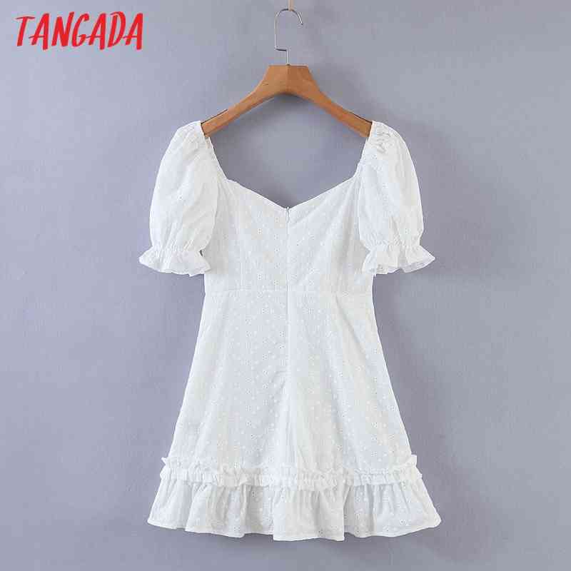 Women Summer Lace White Ruffles Short Sleeve Back Zipper Ladies Dress 8M13 210416