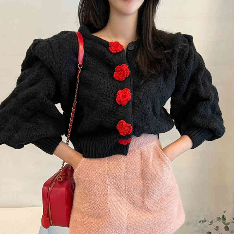 Nomikuma Vintage Puff Sleeve O-neck Sweater Coat Korean 3D Flowers Knitted Cardigan Spring Short Knitwear Tops New 6E182 210427