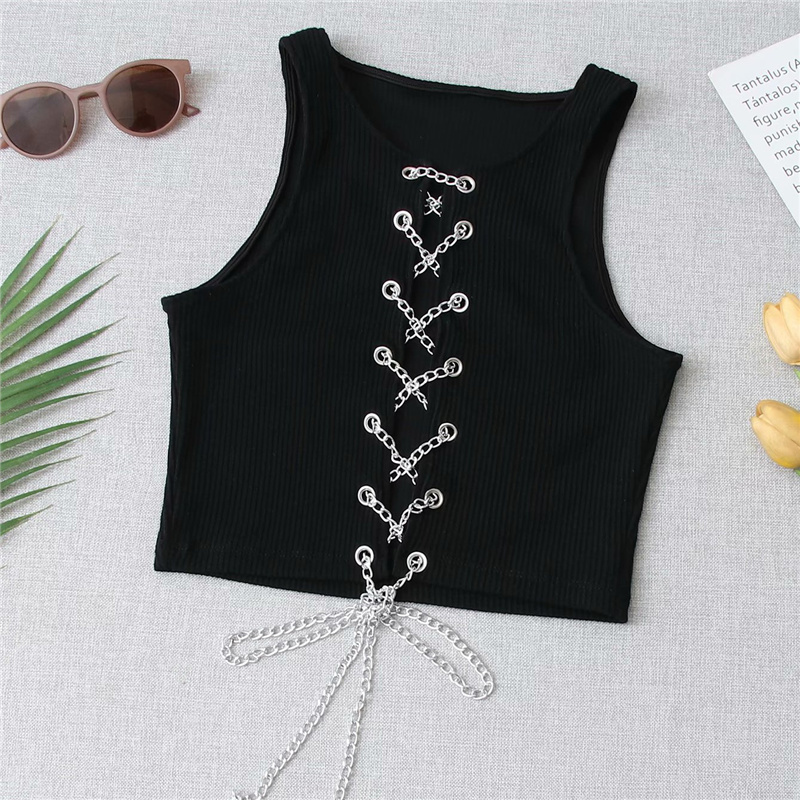 Sexy Woman Black Slim Hollow Out Crop Tops Summer Fashion Y2K Chain Patchwork Top Ladies Stretchy Lacing Knit Vest 210515