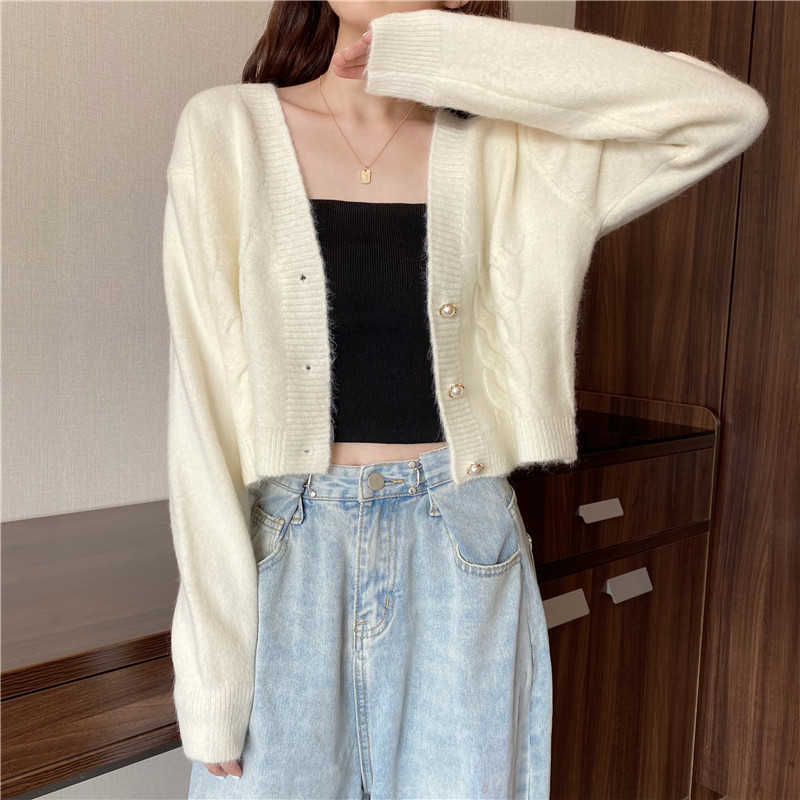 H.SA Spring Women Cardigans V neck Button Up Pearl Yellow Sweater Cardigans Short Loose Jumpers Long Sleeve Knitwear Winter 210716