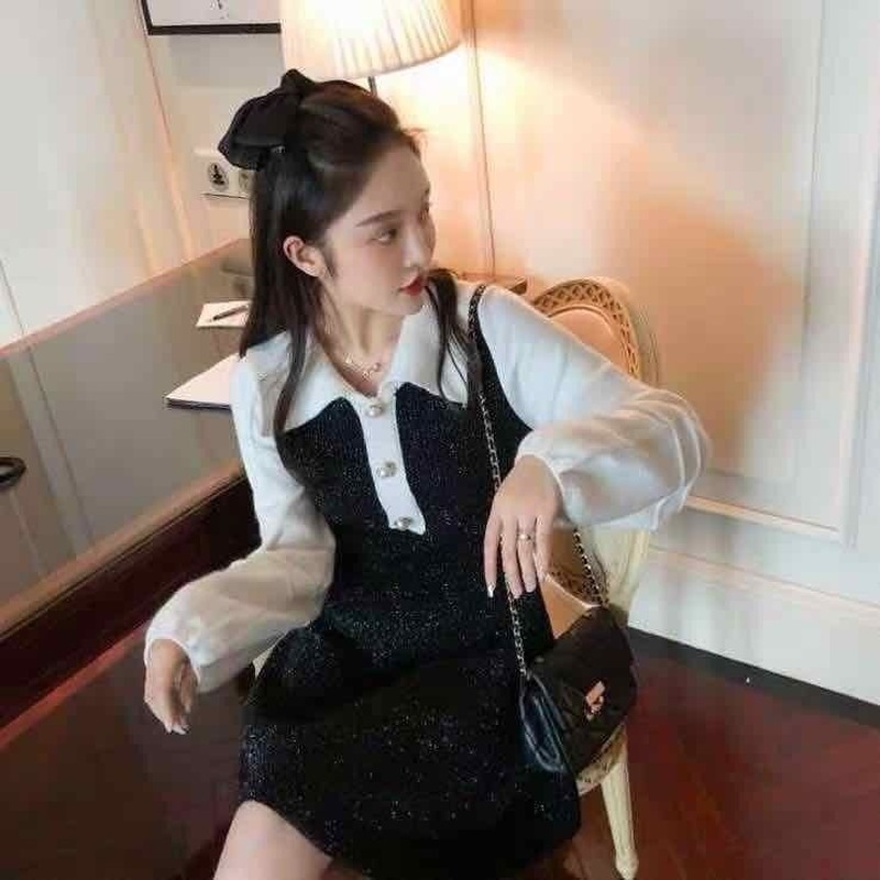 Knitted Dress Women Sweet Button Long Sleeve Elegant Mini Sweater Dress Office Lady Vintage Dress Korean Winter 210521