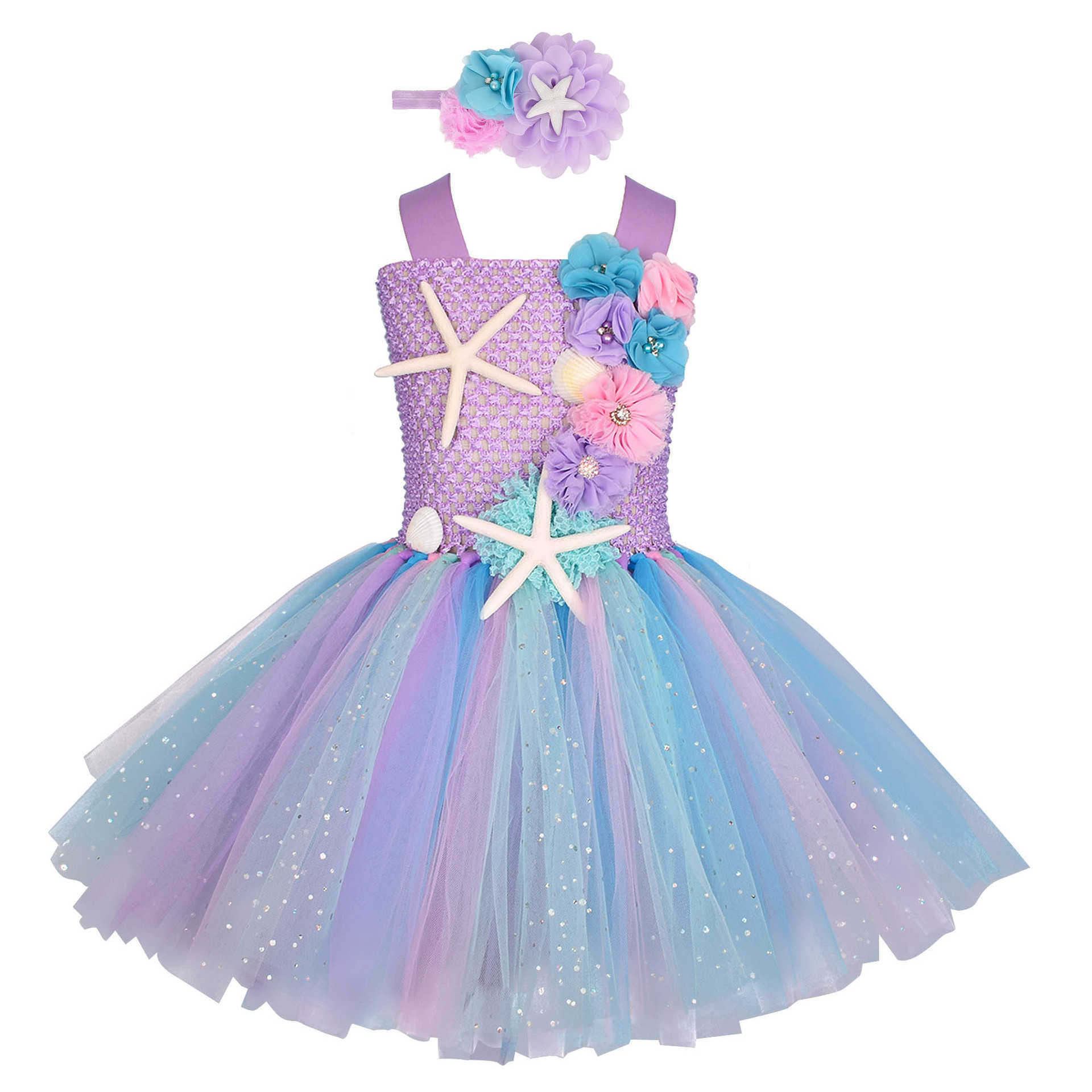 

Girls Pastel Mermaid Tutu Dress Under the Sea Theme Birthday Party Costume with Flower Headband Ocean Flower Dresses 1-12Y Q0716, 2pcs a