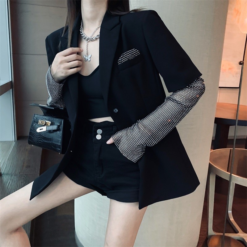 fashion Autumn Black Blazer For Women Long Sleeve Diamond Patchwork Elegant Coat Female women Clothing 210519