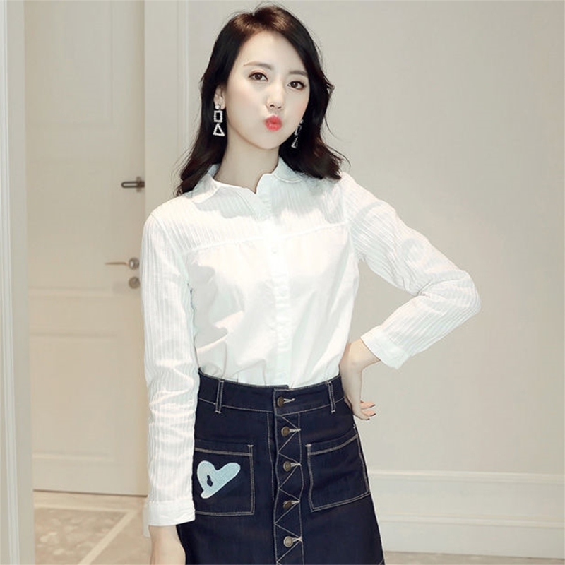 Spring Autumn Korea Fashion Women Shirts Long Sleeve Patchwork Striped White Shirt 100% Cotton Female Casual Blouses D195 210512