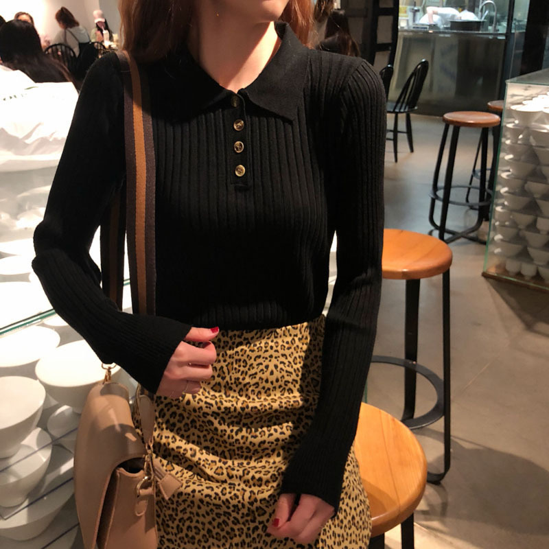 Turn Down Collar Button Eibbed Solid Stripe Knitwear Tops Women High Elastic Slim Sweater Base Shirt Elegant Knitted Jumper 210522