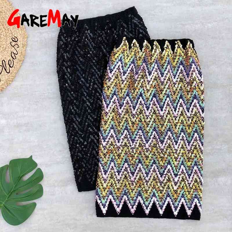 Colorful Sequin Skirts Women Bodycon Pencil Ladies Elastic Stripe Chic Slim Party Female High Waisted Elegant 210428