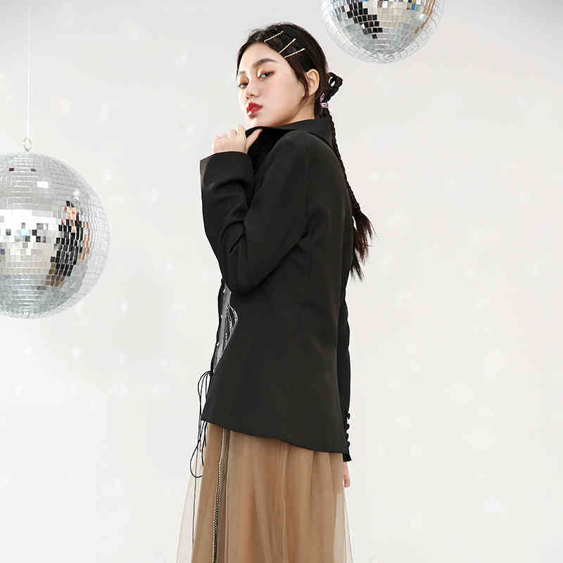 [EAM] Women Black Bandage Shaped Blazer Lapel Long Sleeve Loose Fit Jacket Fashion Spring Autumn 1DC4090 210512