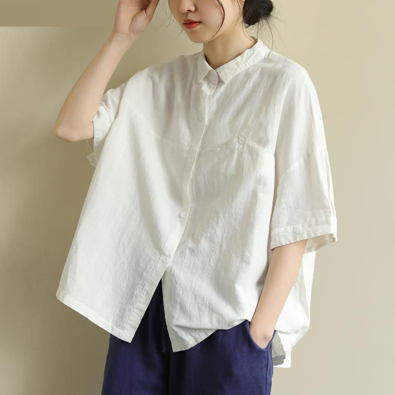 Arrival Summer Arts Style Women Short Sleeve Vintage Cotton Linen Shirt Loose Casual Turn-down Collar Blouses Plus Size S935 210512