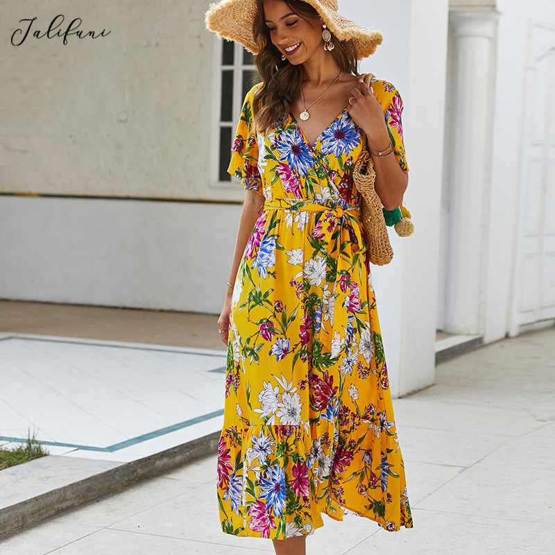Boho Flower Print Summer Dress Ruffle V Neck Sashes Beach Ladies Long Dresses Cotton Yellow Sundress Fashion Women Clothes 210415
