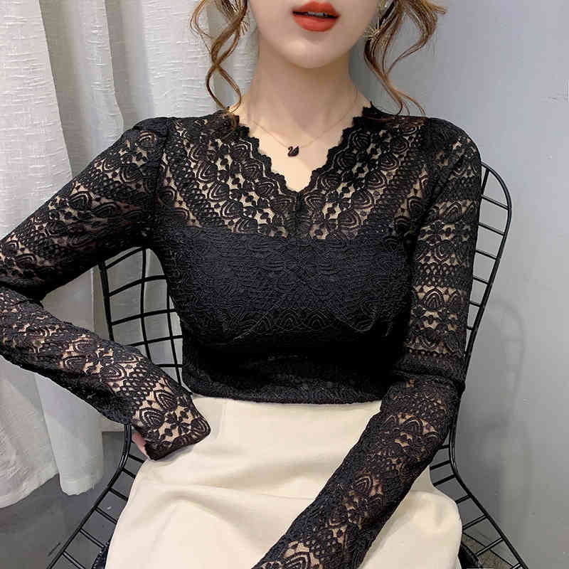 Fashion Spring See Through Top Women Sexy Shirt Lace Hollow Out Solid V-Neck Balck Long Sleeve Tops 7908 50 210415