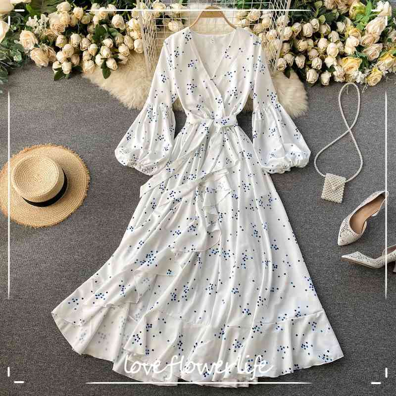 LoveFlowerLife Spring Autumn Elegant Polka Dot Floral Print Dress V Neck A Line Puff Sleeve High Waist Women Dresses 210521