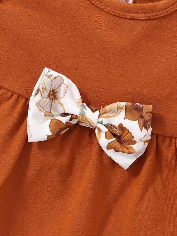 Baby Ruffle Trim Floral Print Bow Front Top & Pants SHE