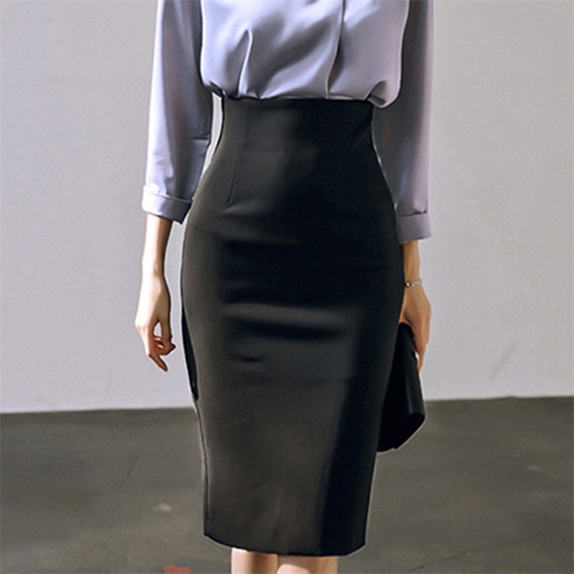 Elegant Ladies Office Pencil Skirt Autumn Black High Waist Knee Length Back Slit Women's Business Work 210603