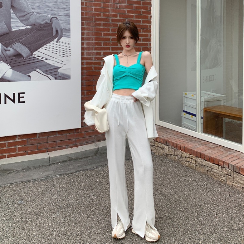 Pants & Capris Women's Clothing Black Elastic Waist Casual Drawstring Sweatpants Split Loose Straight White Grey Wide Leg Pant 210429