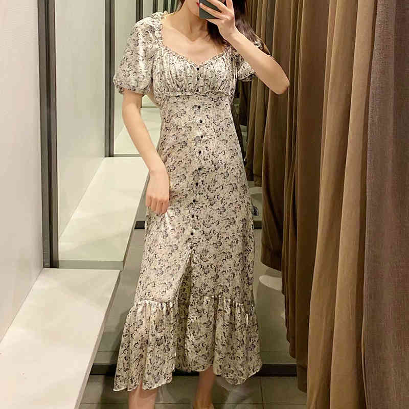 Floral Print Elegant Dress Women V Neck Vintage Midi Lantern Short Sleeve Stylish Female Pleated Vestidos De Fiesta 210515