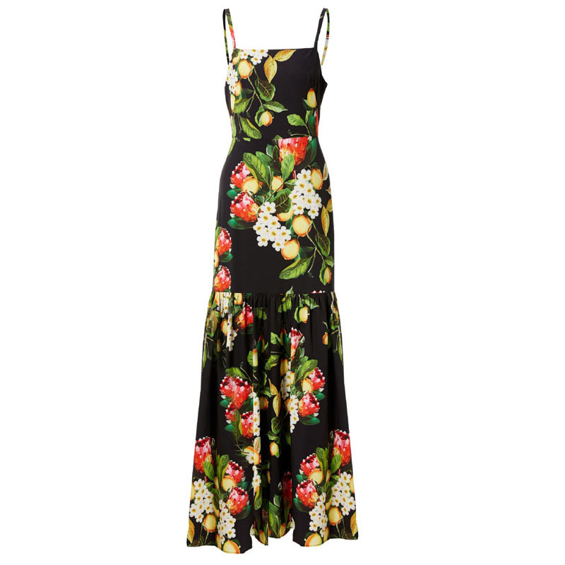 Elegant Boho A-line Camisole Sexy Dresses Women Runway Maxi Dress Vintage Summer Party Flower Printed robe femme été 210421