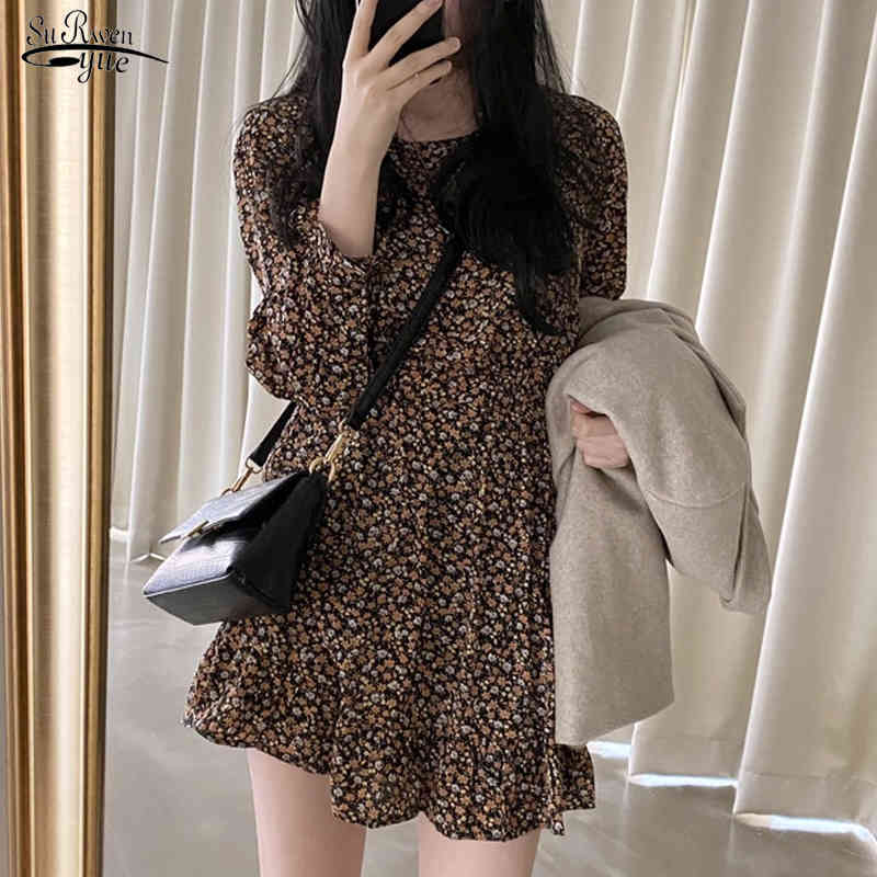 Spring Summer Floral Dress Women Casual Vintage Printing Mini Puff Sleeve O Neck Party es Two Pieces 13570 210508