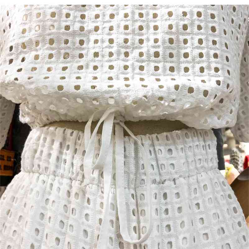 Summer Puff Sleeve Hollow Out High Waist Solid Mini Bodycon White Shirt Women Office Lady Dress 210519
