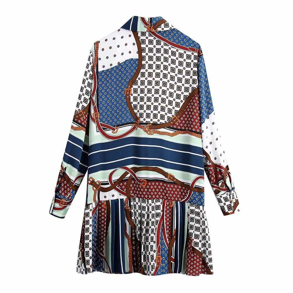 Women Printed Pleated Mini Dress Collared Long Sleeves Elegant Chic Casual Short Dresses Fashion Women Clothing 210709
