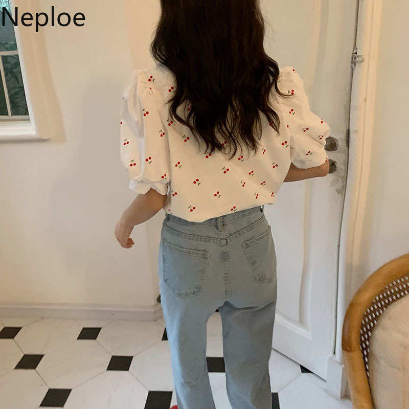 Neploe Vintage Print Cherry Women Blouses Square Collar Sweet Puff Sleeve Shirt Loose All-match Summer White Blouse Tops Female 210422