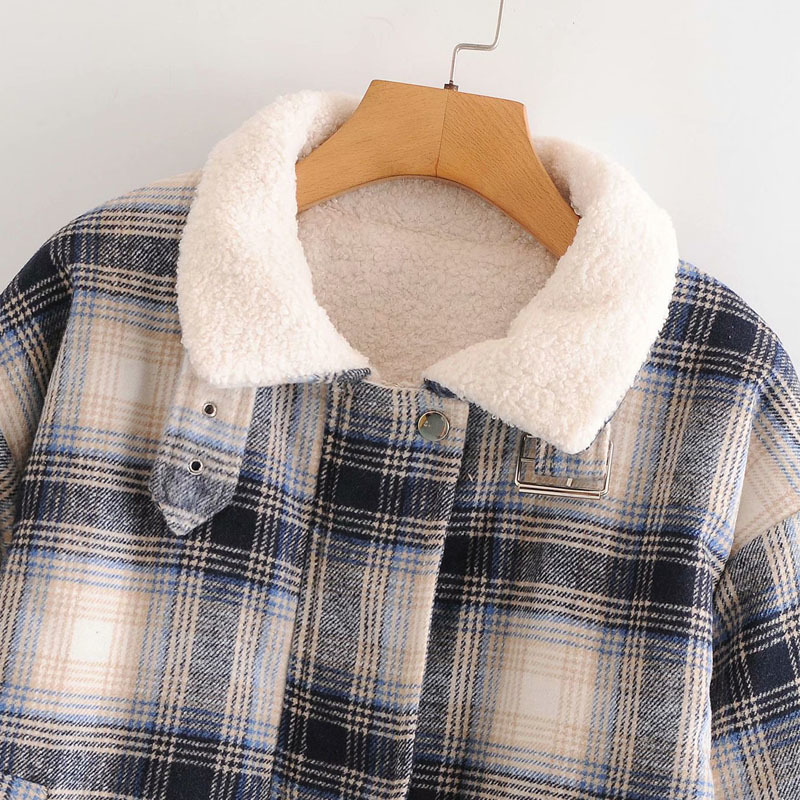 Lapel Long Sleeves Thick Warm Vintage Lattice Lambswool Women's Jacket Coat Fashion Loose with Pockets Chic Female Tops 210507