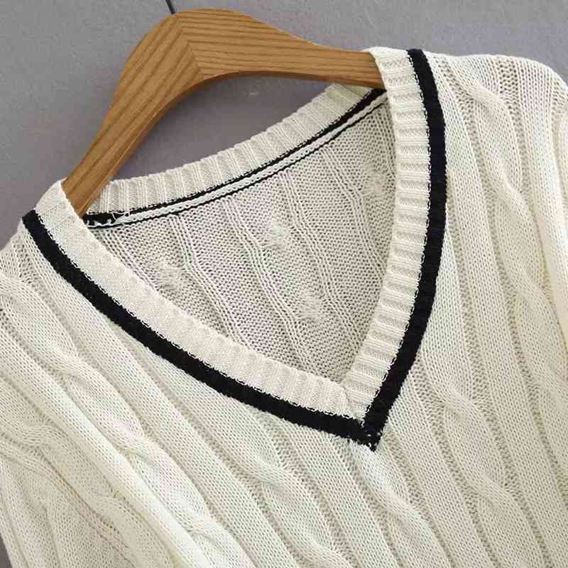 Women Knit Cotton Striped V Neck Sweater In Creme Cable Pullover Crop Top 210512