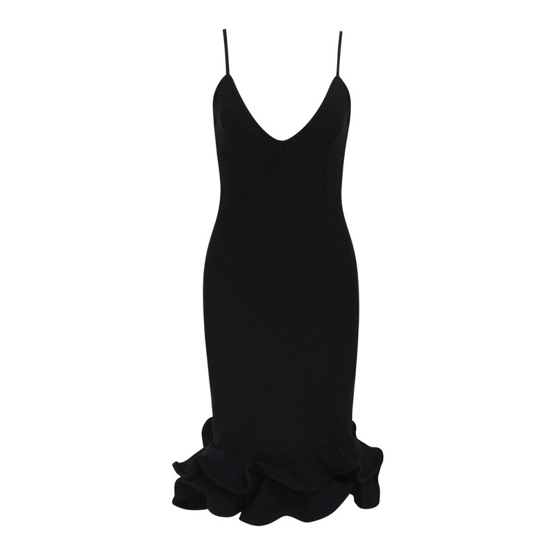 High Quality Pink White Black V-Neck Sleeveless Non-Slip Ruffled Rayon Bandage Dress Elegant Sexy Party 210525