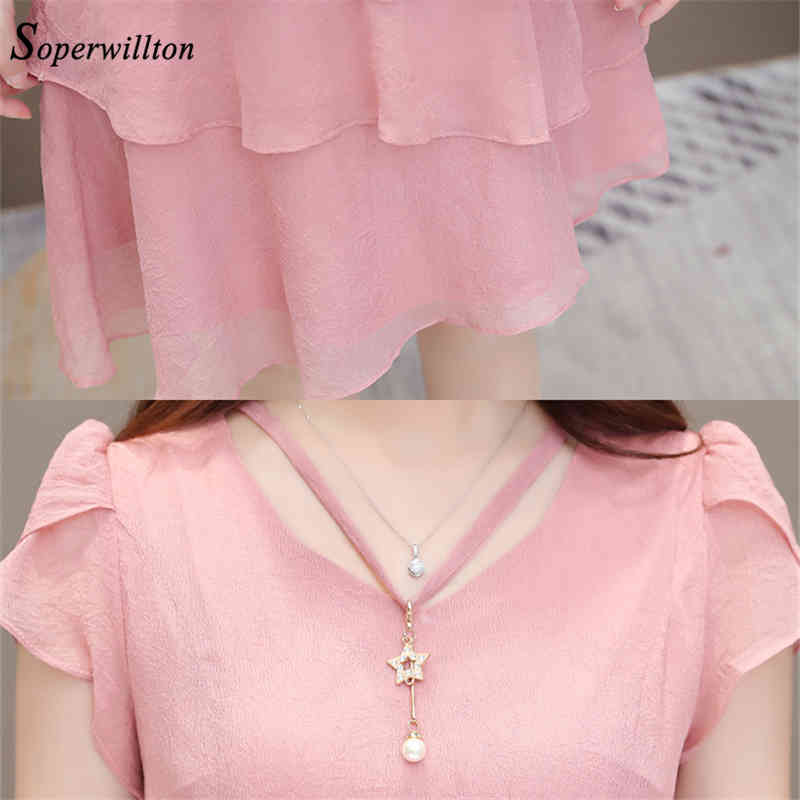 Summer Chiffon Dress Women V-Neck Solid Short Dresses Sweet Ruffle Sleeeve Slim New Casual layered Women Dress Plus Size 210409