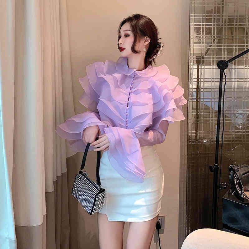 Fashion Pearl Button Purple Shirt Elegant Women's Flare Sleeve Ruffles Office OL Blouses Female Ladies Spring 210519