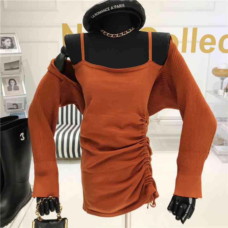 Sexy Two Peices Set Women Knitted Cape + Sleeveless Pleated Mini Dress Style All Match Vestidos Suit Femme 210519