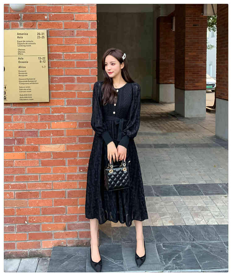 Autumn and Winter Temperament Slim Frenulum Single breasted Thickening Long sleeves Dress Patchwork lace 210506