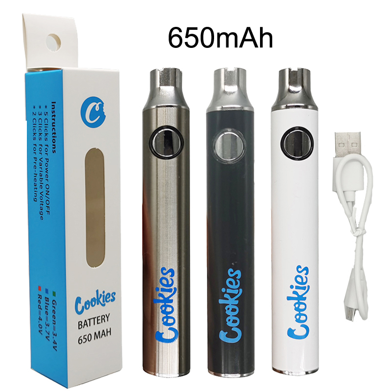 Cookies Vape Cartridges Battery 650mAh Preheating 510 Thread White Black Silver Vapes Pen Battries Packaging Adjustable Voltage with USB Charger
Cookies Vape Cartridges Battery 650mAh Preheating 510 Thread White Black Silver Vapes Pen Battries Packaging Adjustable Voltage with USB Charger