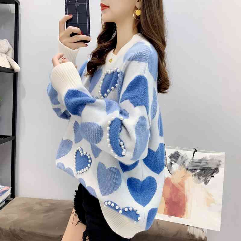 Lazy Style Foreign Loose Sweater Women Korean Version Pullover Small Fresh Pearl Plush Jacket Autumn 210427