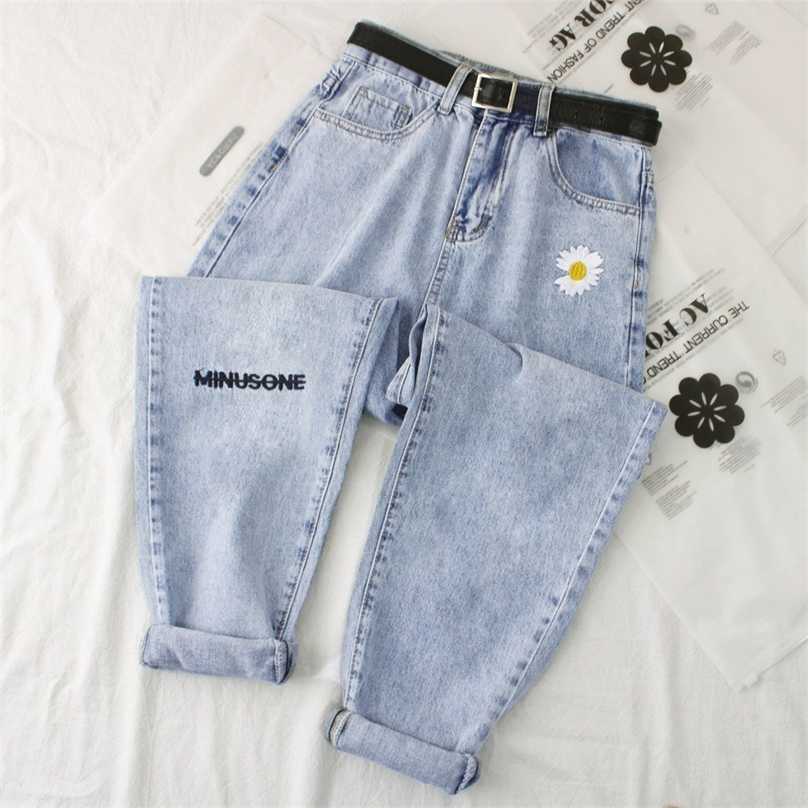 Daisy Embroidery Denim Jean Women High Waist Jeans Plus Size Denim Harem Trousers Mujer Vintage Casual Jeans Straight Women Pant 211112