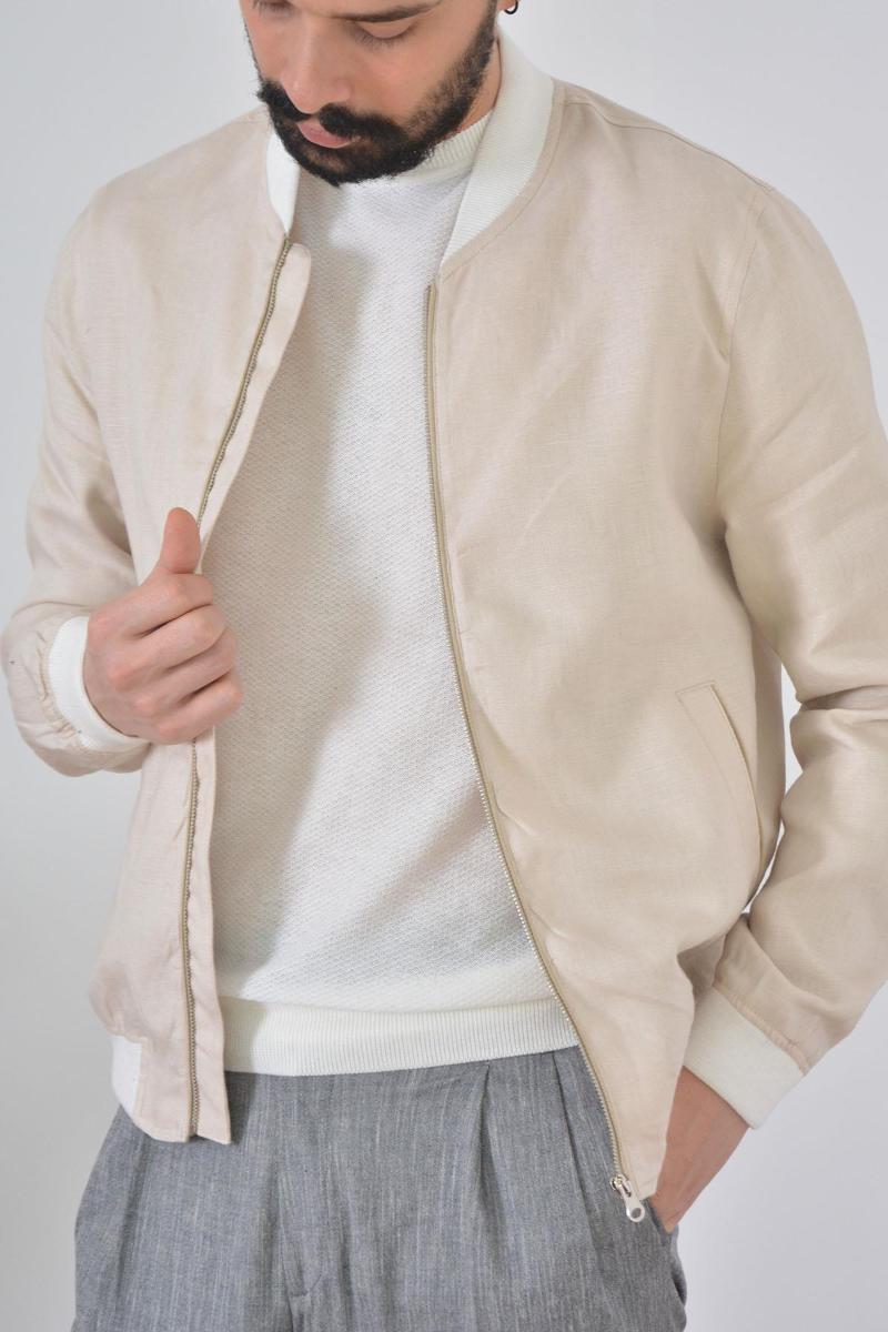 Bomber Pure Linen Zipper Beige Men 'S Jacket Men's Jackets