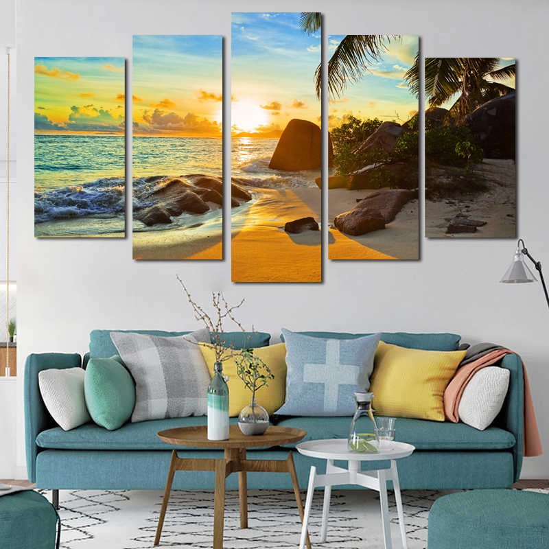 5 Panels Beach Landscape Posters And Prints Canvas Painting Sea Sunset Big Size Wall Art Pictures For Living Room Home Decor