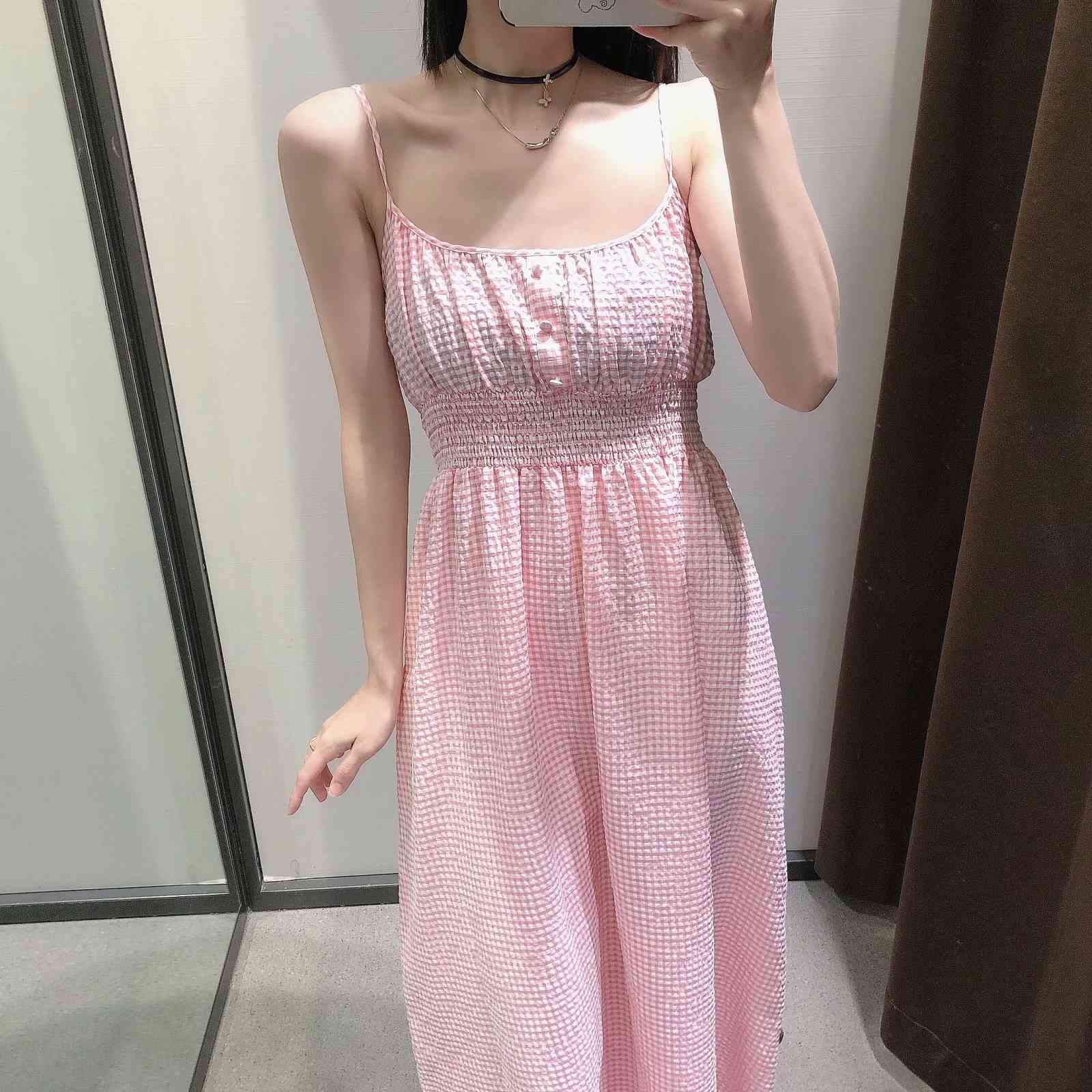 Summer Women Checkered Tunic Dress Sling Midi Dresses Chic Lady Fashion Casual Clothes 210517