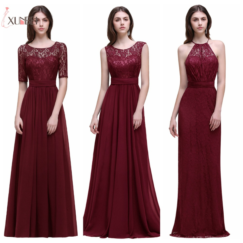 Burgundy Bridesmaid Dresses A Line Lace Chiffon Long Prom Dresses Dama de honor Robe Mariage CPS526
