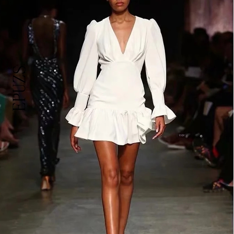 Summer Dress Vintage Deep V Neck white Pleated dress Elegant Korean long sleeve party boho casual ladies Dresses 210521