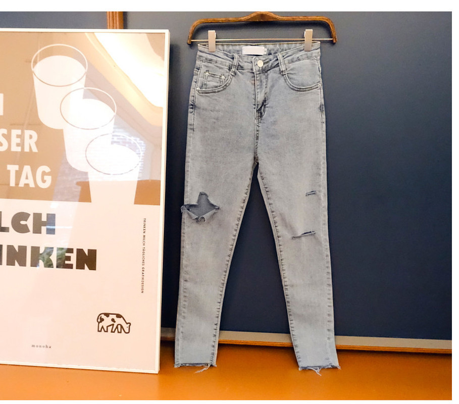 Fashion Vintage Skinny Blue Cotton Korean Slim Cool Denim Trousers Hole Ripped Jeans Autumn High Waist Woman 10416 210518
