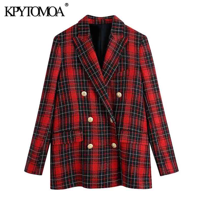 Women Fashion Double Breasted Check Blazer Coat Long Sleeve Pockets Female Outerwear Chic Veste Femme 210420