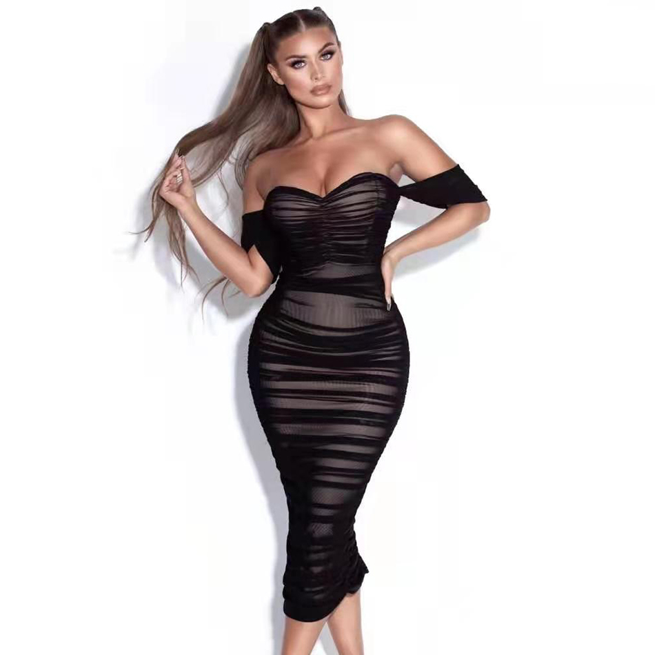 Free Women Bandage Dress Sexy Card Shoulder Short Sleeve Bodycon Mesh Draped Club Party Midi Vestidos 210524