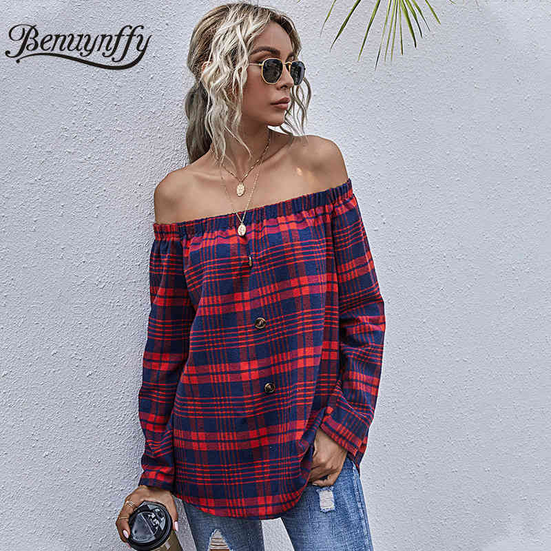 Button Front Plaid Off Shoulder Top Women Autumn Slash neck Long Sleeve Tops Loose Casual Streetwear Ladies Blouses 210510