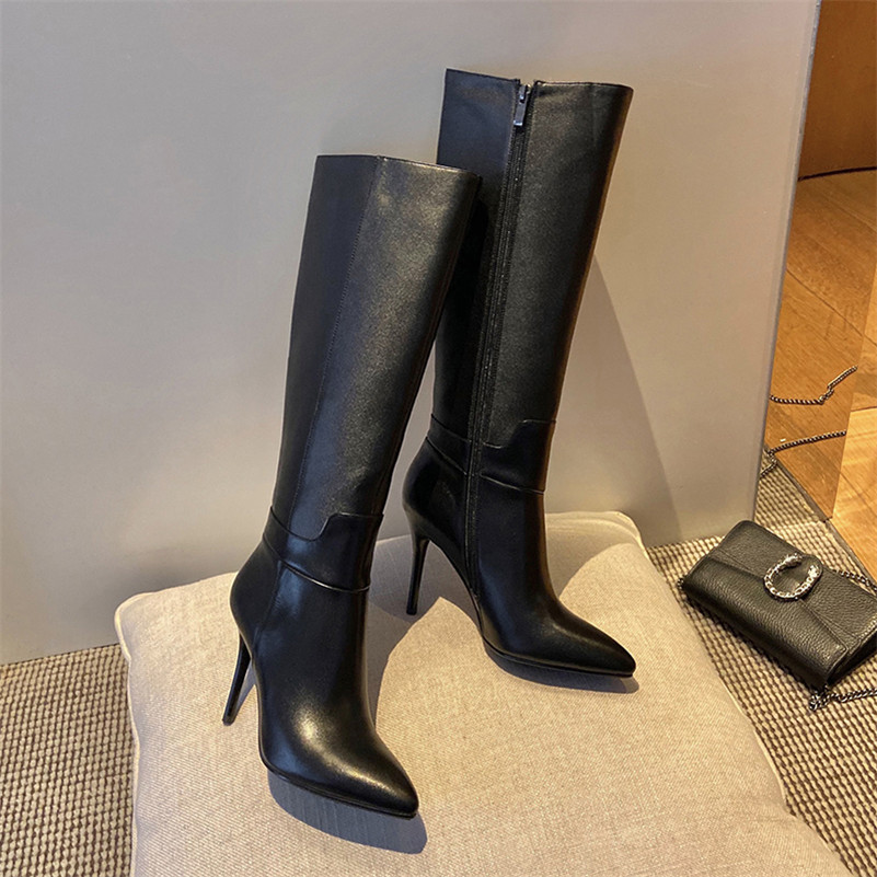 Genuine Leather Super High Heel Knee Boots Women Shoes Pointed Toe Stiletto Heels Zip Fashion Long Beige 43 210517