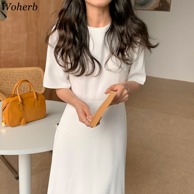 Gentle Girls Solid Summer Chic Minimalist O-Neck All Match Fashion Long Dresses Retro Cute Femme Robe Vestidos 210519